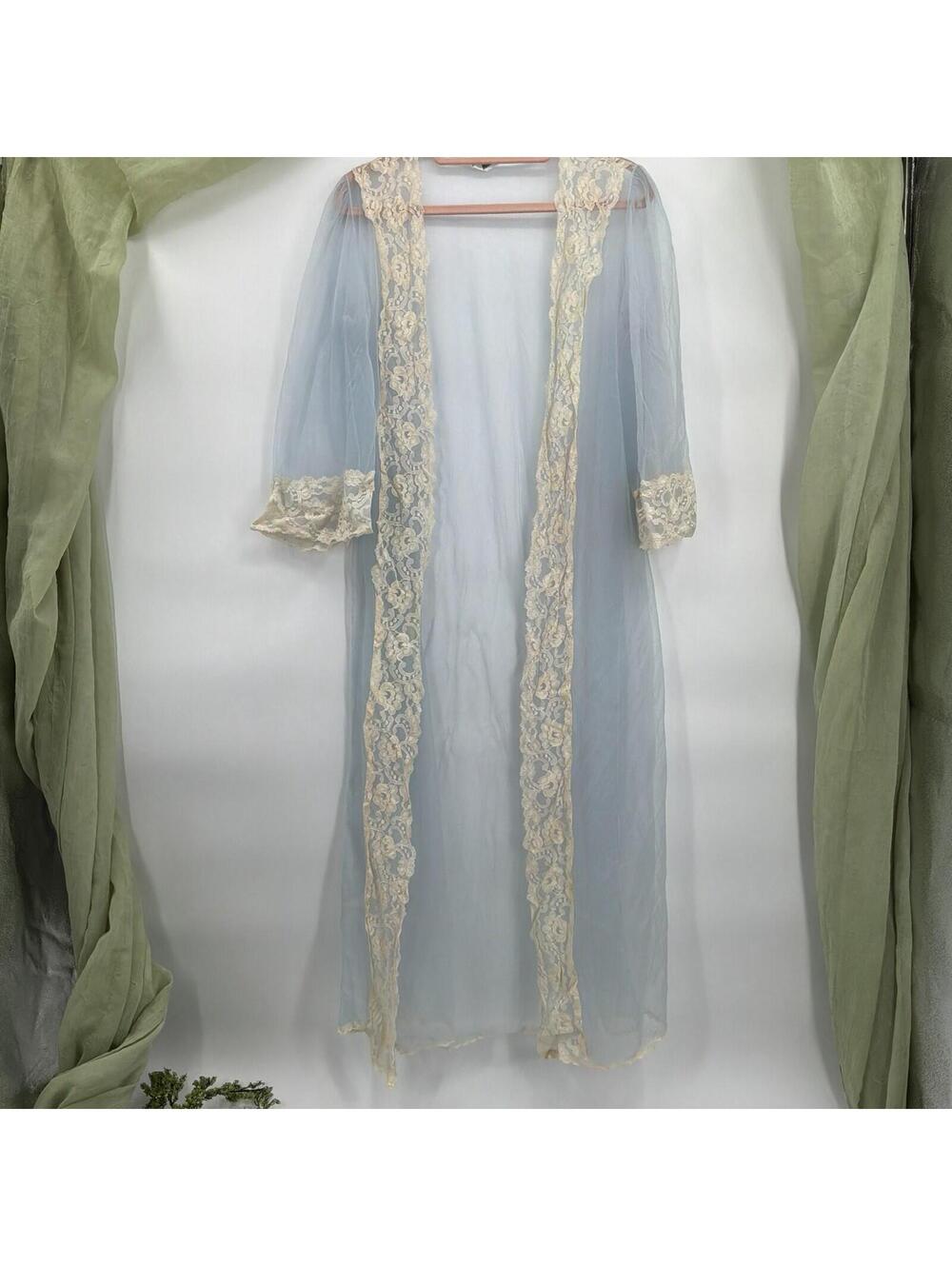 Vintage Blue Chiffon Lace Nightgown Movie Star Size M